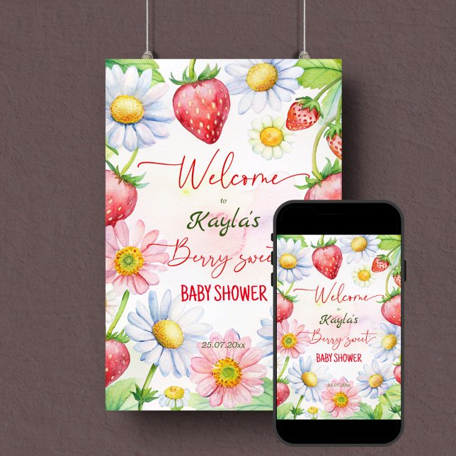 Välkomna till bovin jordgubbskädda i berry (söt da poster (Berry sweet summer garden daisy strawberry baby shower welcome sign poster template instant download)