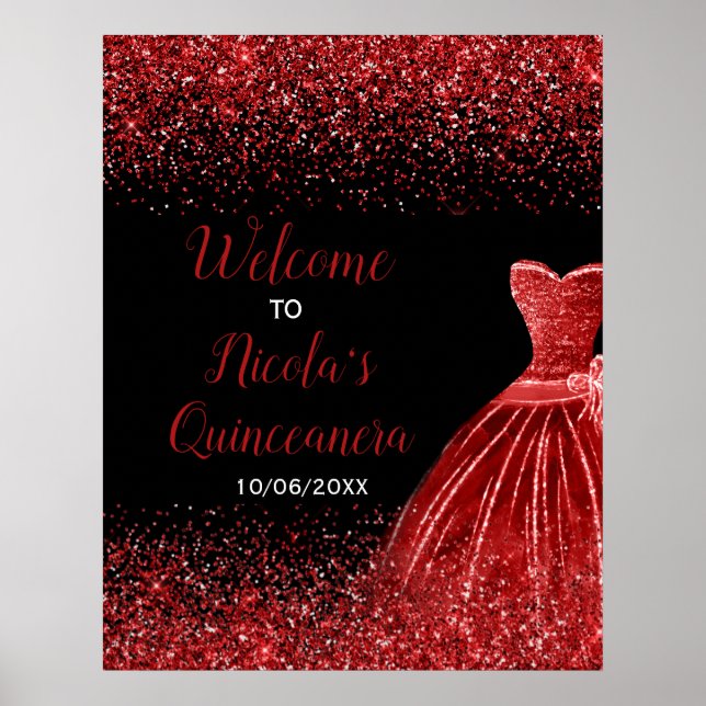 Välkomna till Bright Red Dress Faux Glitter Quince Poster (Framsidan)