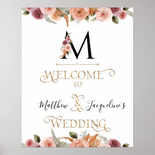 Välkomna till Bröllop i Monogram Guld Blommigt Cal Poster