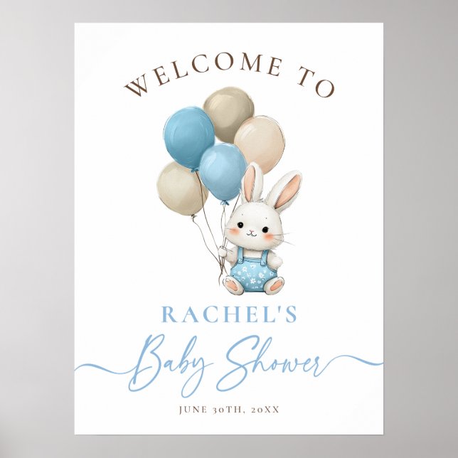 Välkomna till Bunny Rabbit Blue Balloons Boy Baby  Poster (Framsidan)