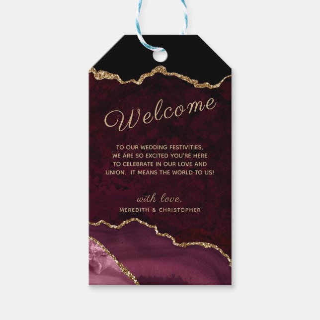 Välkomna till Burgundy Agate Guld Glitter Bröllop Presentetikett (Framsidan)