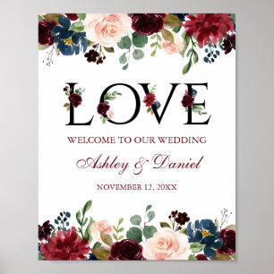 Välkomna till Burgundy Blue Blommigt Kärlek Bröllo Poster