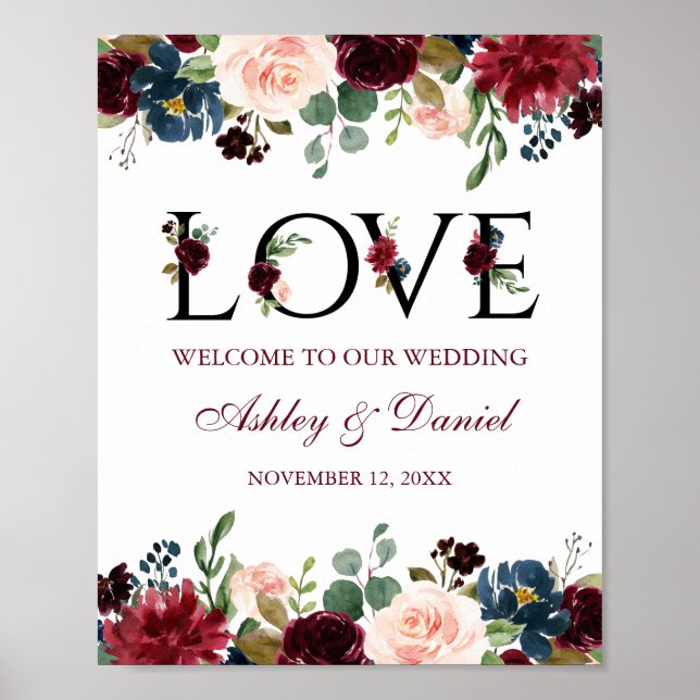 Välkomna till Burgundy Blue Blommigt Kärlek Bröllo Poster (Framsidan)