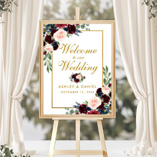 Välkomna till Burgundy Blue Guld Blommigt Bröllop Poster