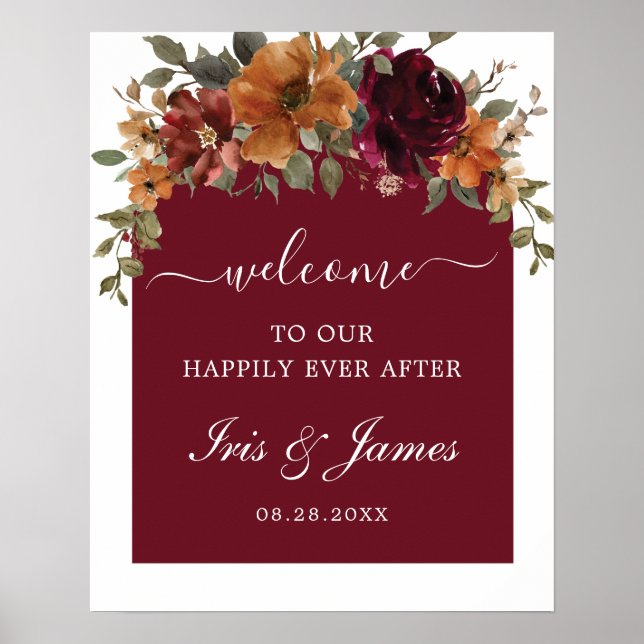 Välkomna till Burgundy Burnt Orange Blommigt Arch  Poster (Framsidan)