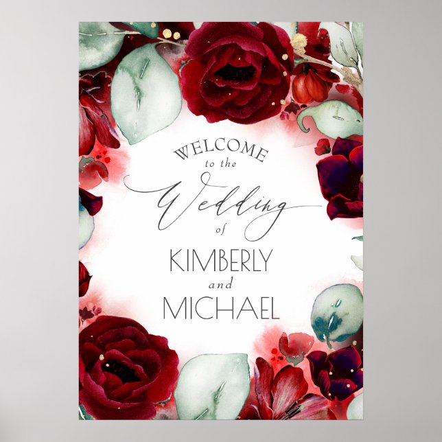 Välkomna till Burgundy Red Blommigt Bröllop Poster (Framsidan)