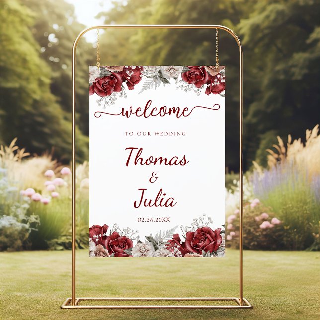 Välkomna till Burgundy Silver Watercolor Blommigt  Poster (Burgundy Silver Watercolor Floral Wedding Welcome Poster)