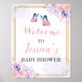 Välkomna till Butterfly Lila Rosa Girl Baby Shower Poster