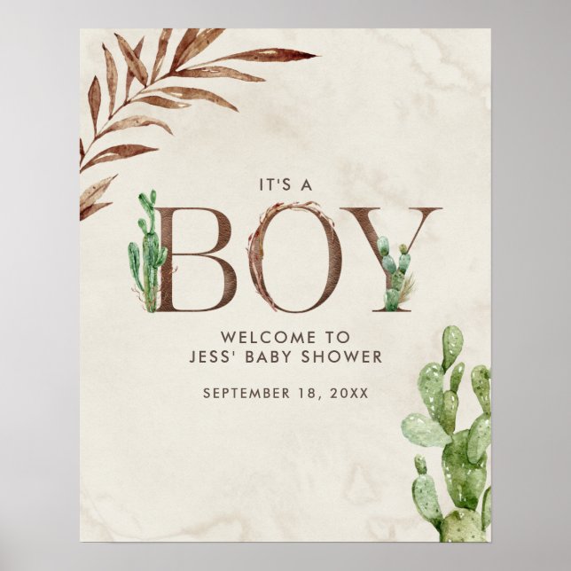 Välkomna till Cactus Leather Boy Baby Shower Poster (Framsidan)