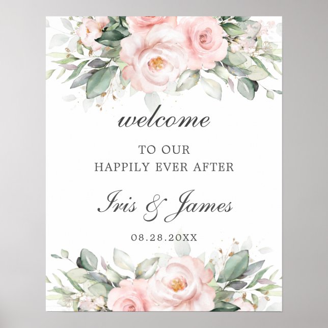 Välkomna till chic Soft  Rosa ros Blommigt Bröllop Poster (Framsidan)