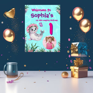 Välkomna till Cute Whimsical Blommigt Sealion Birt Poster
