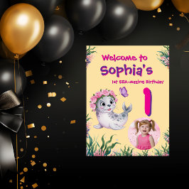 Välkomna till Cute Whimsical Blommigt Sealion Birt Poster