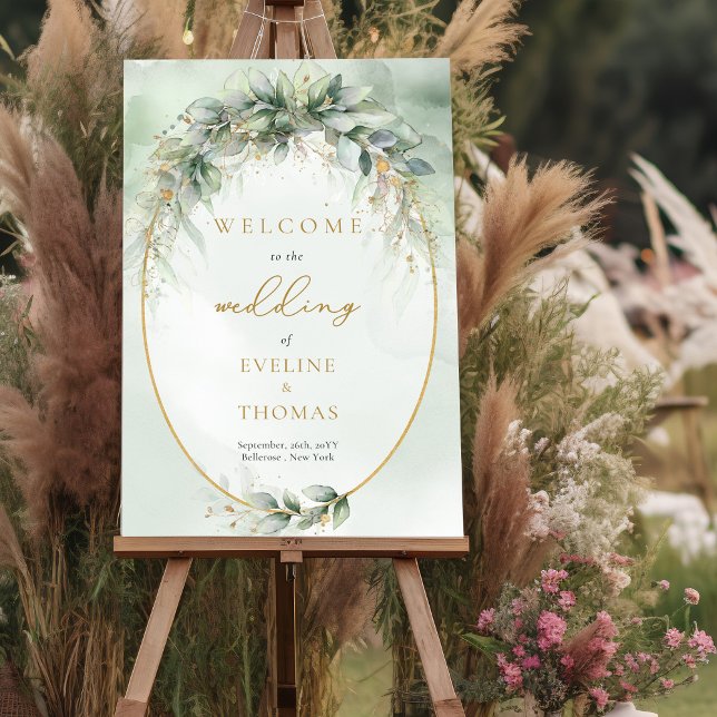 Välkomna till den gröna lövningen guld ram bröllop poster (Elegant boho eucalyptus greenery gold frame wedding welcome poster)