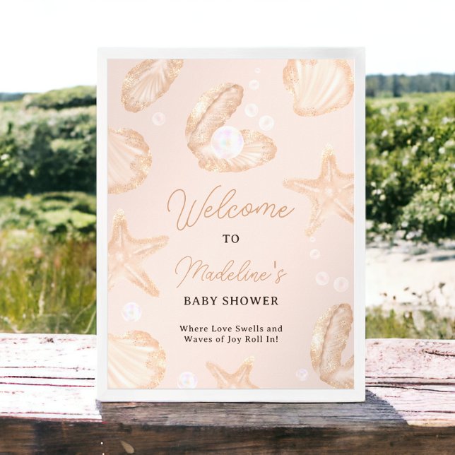 Välkomna till den lilla guldduschen för Cute-ocean Poster (Cute ocean little pearl baby shower welcome poster)