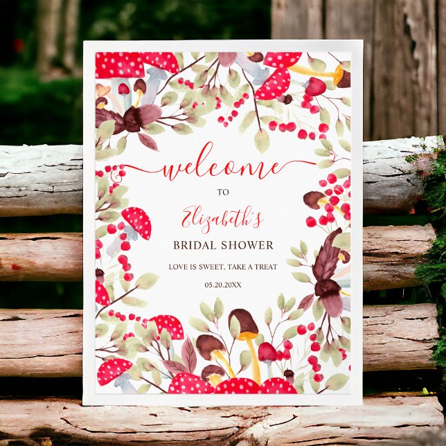 Välkomna till den strålande tuggduschen av rustisk poster (Cute mushroom rustic forest baby shower welcome poster)
