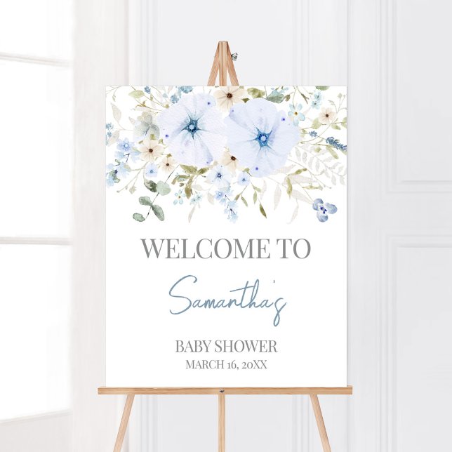 Välkomna till Dusty Blue Baby Bloom Baby Shower Poster (Boy Spring Flowers Baby Shower Welcome Sign)