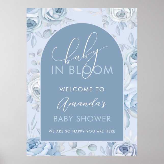 Välkomna till Dusty Blue Baby in Bloom Baby Shower Poster (Framsidan)