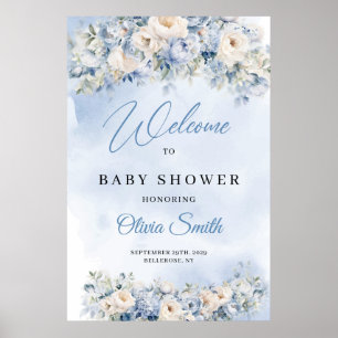Välkomna till Dusty Blue och Ivory Flowers Baby Sh Poster