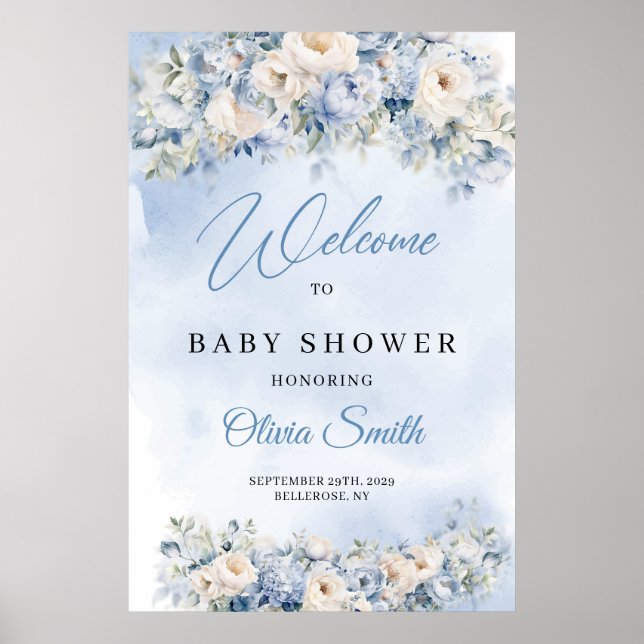 Välkomna till Dusty Blue och Ivory Flowers Baby Sh Poster (Framsidan)
