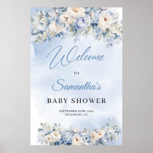Välkomna till Dusty Blue och Ivory Flowers Baby Sh Poster
