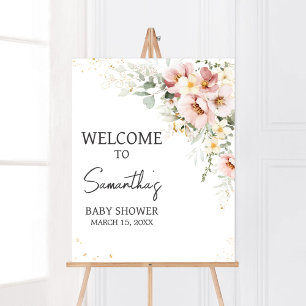 Välkomna till Dusty Rosa Blommigt Greenery Baby Sh Poster