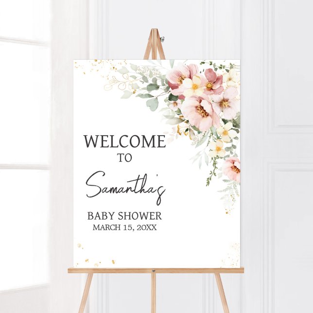 Välkomna till Dusty Rosa Blommigt Greenery Baby Sh Poster (Dusty Pink Floral Baby Shower Welcome Sign)