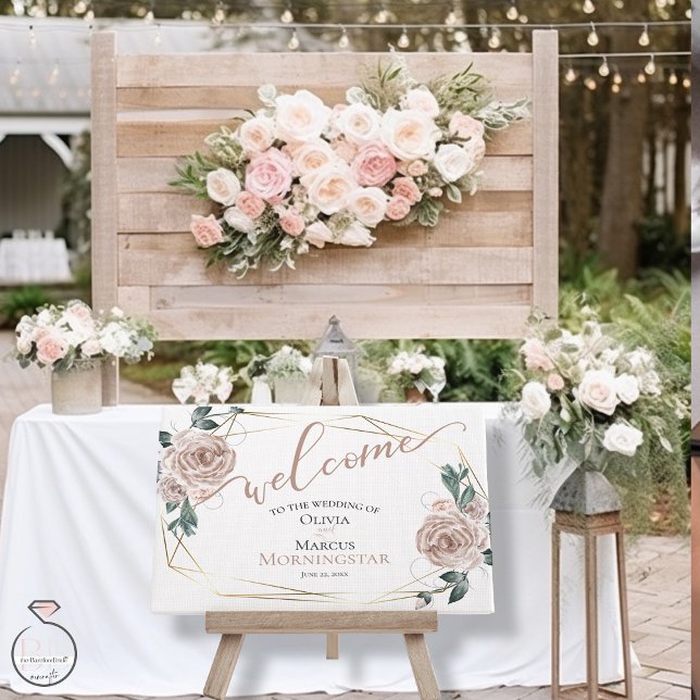 Välkomna till Dusty  Rosa Rustic Blommigt Calligra Poster (Welcome Guests into your BOHO blush pink rose garden wedding)