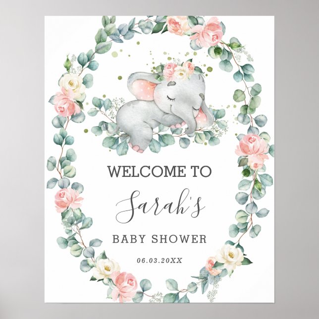 Välkomna till Elephant Baby Shower Blommigt Greene Poster (Framsidan)