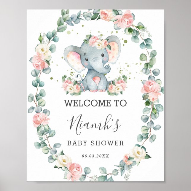 Välkomna till Elephant Baby Shower Blommigt Greene Poster (Framsidan)