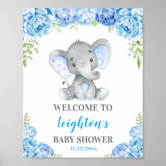 Välkomna till Elephant Blue Boy Baby Shower Sprink Poster (Framsidan)