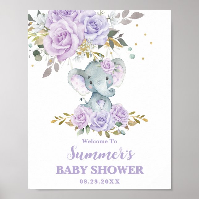 Välkomna till Elephant Lila Lilac Blommigt Baby Sh Poster (Framsidan)