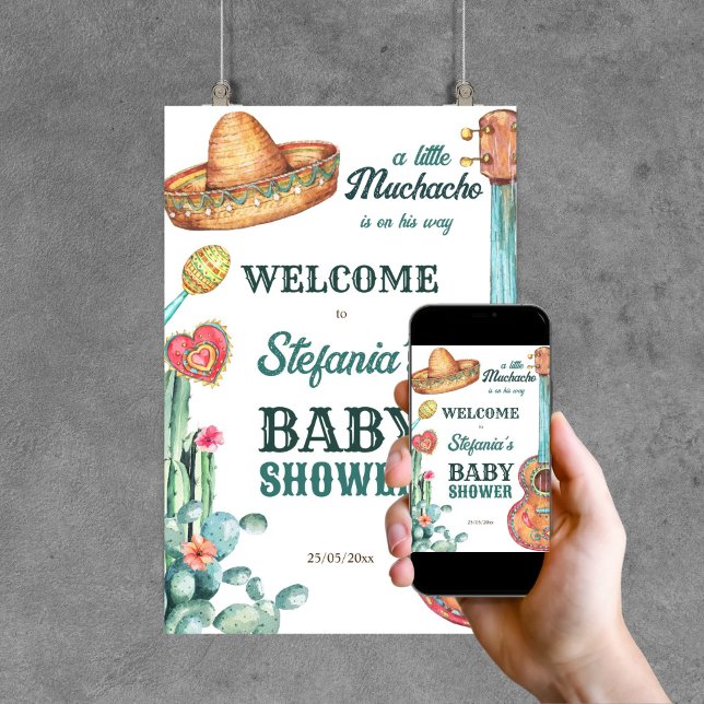 Välkomna till en liten muchacho-babydusch poster (Mexican fiesta little muchacho baby shower editable template welcome sign poster digital download)