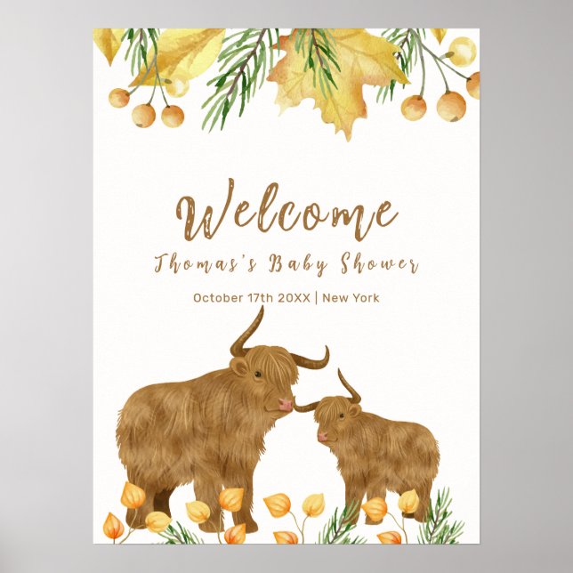 Välkomna till Fall Boho Highland Cow Baby Shower Poster (Framsidan)