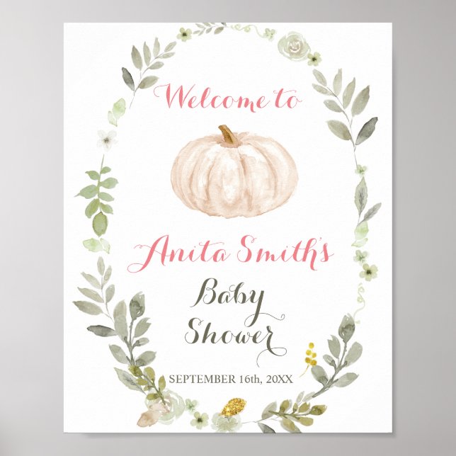 Välkomna till Fall Pumpkin Greenery Blommigt babyd Poster (Framsidan)