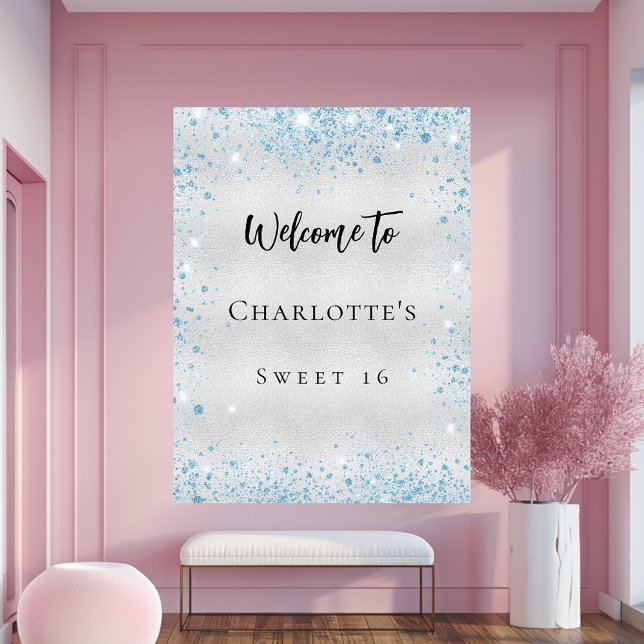Välkomna till födelsedagsfest silver blå glitter poster (Skapare uppladdad)