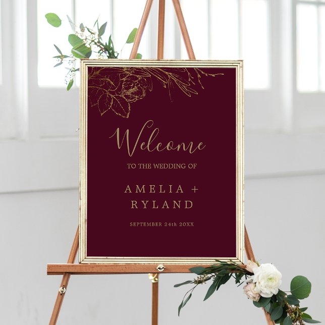 Välkomna till Gilded Blommigt Burgundy Guld Bröllo Poster (Gilded Floral Burgundy Gold Wedding Welcome Poster)