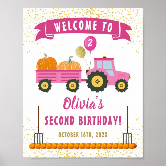 Välkomna till hösten Pumpkin Rosa Tractor Girl Bir Poster (Framsidan)