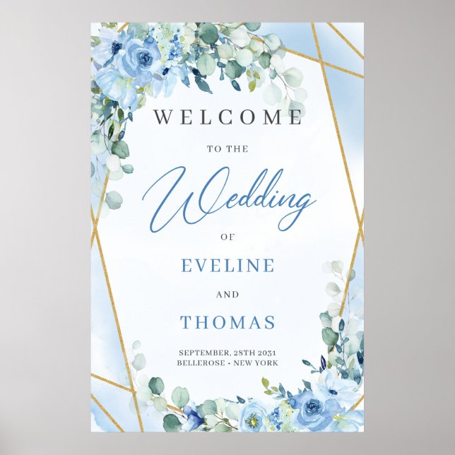 Välkomna till isblått blommigt eukalyptus och guld poster (Framsidan)