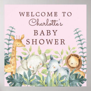 Välkomna till Jungle Animals Girls Baby Shower Poster