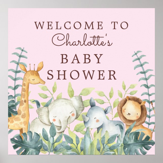 Välkomna till Jungle Animals Girls Baby Shower Poster (Framsidan)