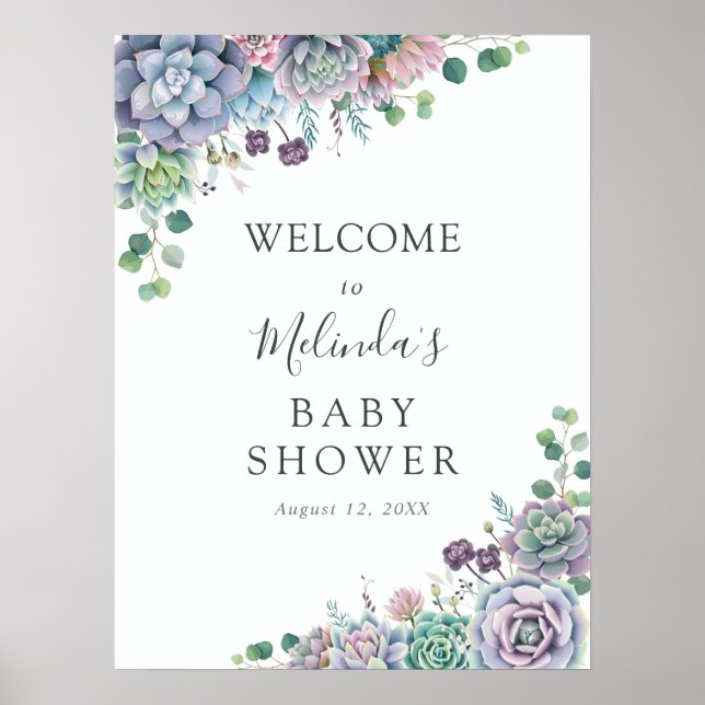 Välkomna till lila och Grönt Succulous Baby Shower Poster (Framsidan)