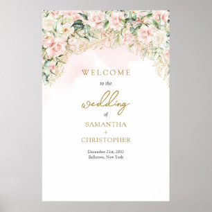 Välkomna till ljusa rosa ro guld grönt bröllop poster