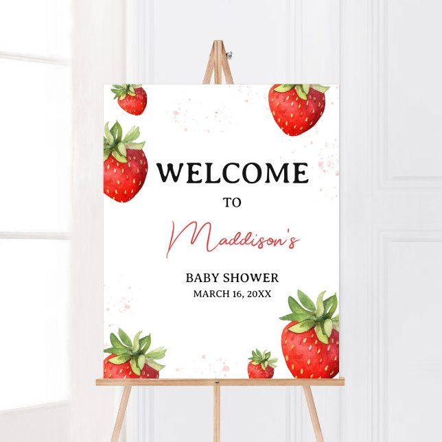 Välkomna till minimalistiskt rött jordgubbsbär poster (Berry Sweet Baby Shower Welcome Sign)