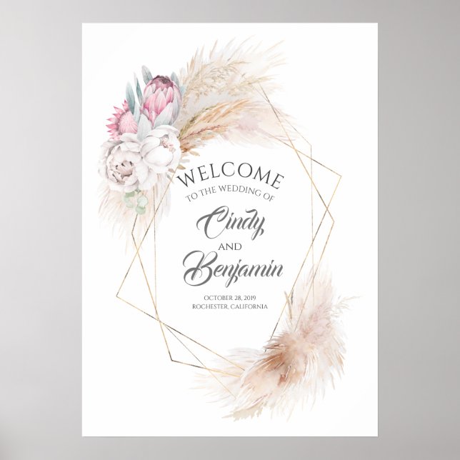 Välkomna till Pampas Grass Rosa Kung Protea Chic B Poster (Framsidan)
