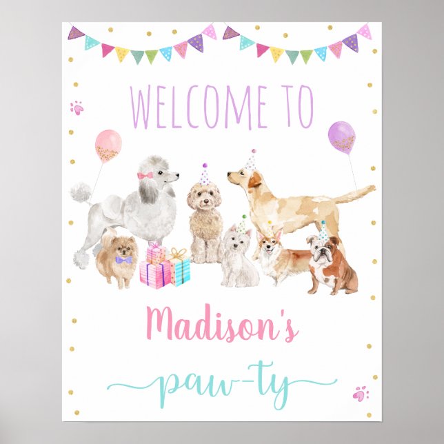 Välkomna till Puppy Hund Rosa Girl Tass-ty Birthda Poster (Framsidan)