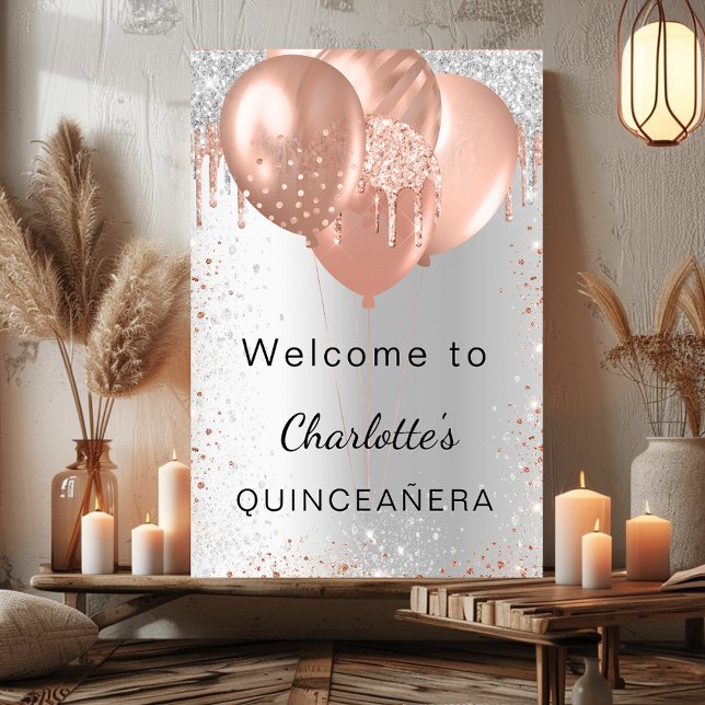 Välkomna till Quinceanera-ballonger i silver ro gu Poster (Skapare uppladdad)