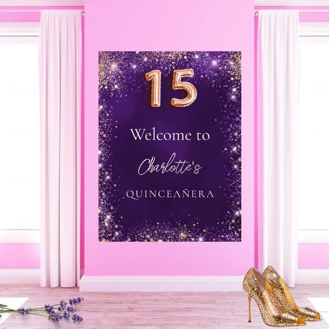 Välkomna till Quinceanera lila glitter-miniatyrbil Poster (Skapare uppladdad)