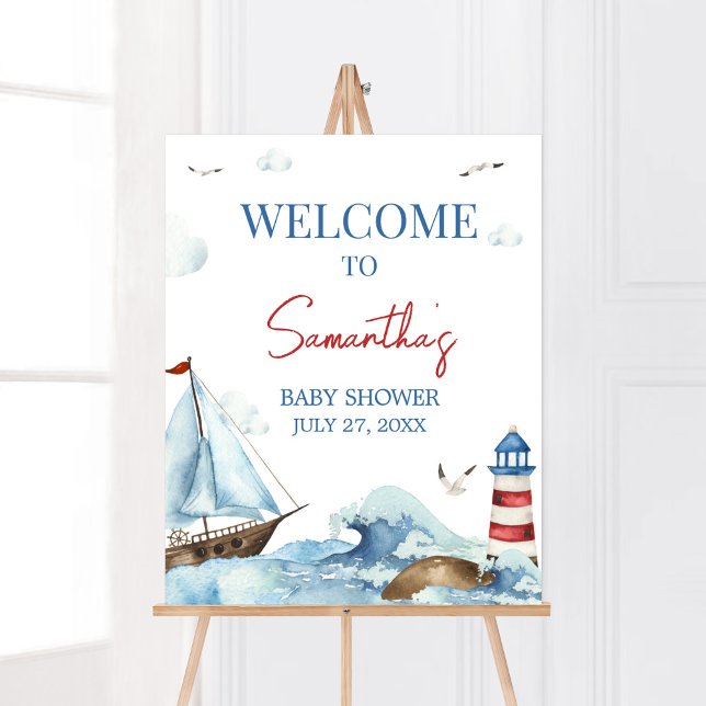 Välkomna till Red Blue Nautical Baby Shower Poster (Ahoy It’s A Boy Baby Shower Welcome Sign)