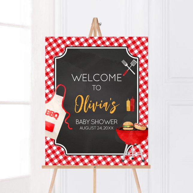 Välkomna till Red Gingham BBQ Baby Shower Poster (Burger in the Oven Baby Shower Welcome Sign)