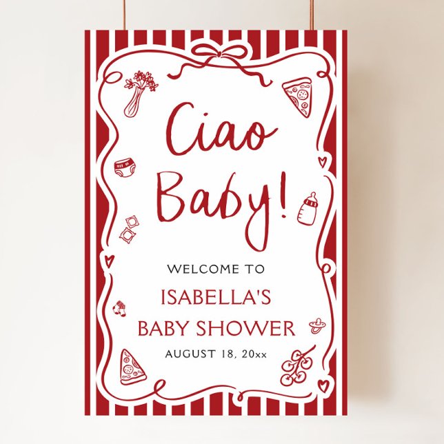 Välkomna till Red Rand Italiana Ciao Baby Baby Sho Poster (Red Stripes Hand Drawn Italian Ciao Baby Baby Shower Welcome Sign )